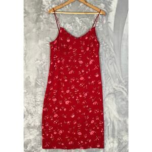 Vintage Y2K 90s Feminine Floral Chiffon Slip Midi Dress M Red Bias Cut Soft Girl